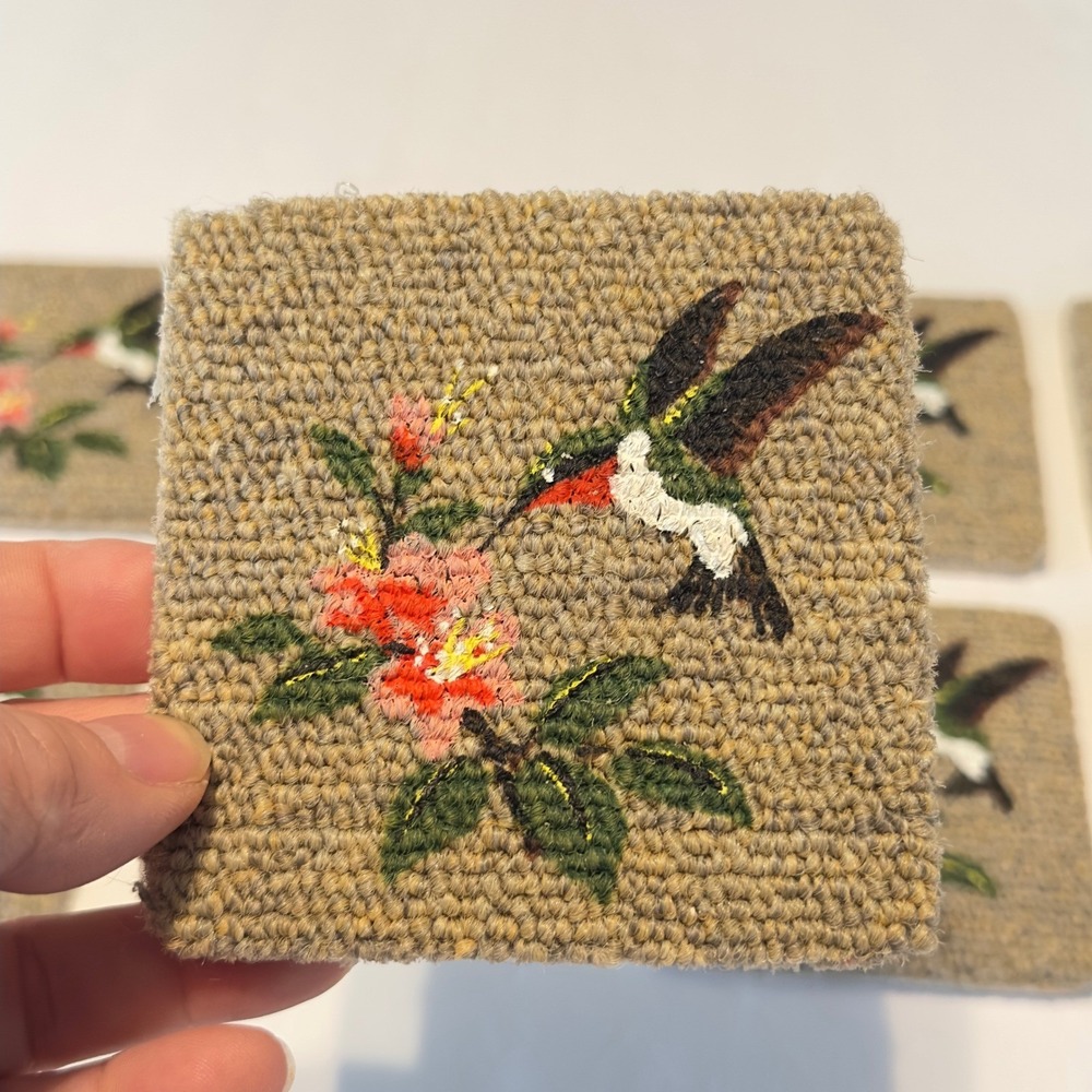 Hummingbird Carpet Coasters Set of 8 Floral Tan Square 4x4 Cottagecore Chic